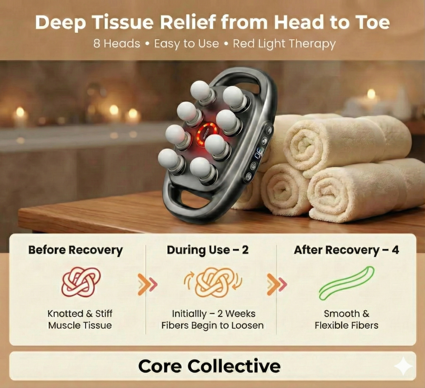 Core Collective - 8 Head Deep Tissue Massage Gun with Red Light Therapy