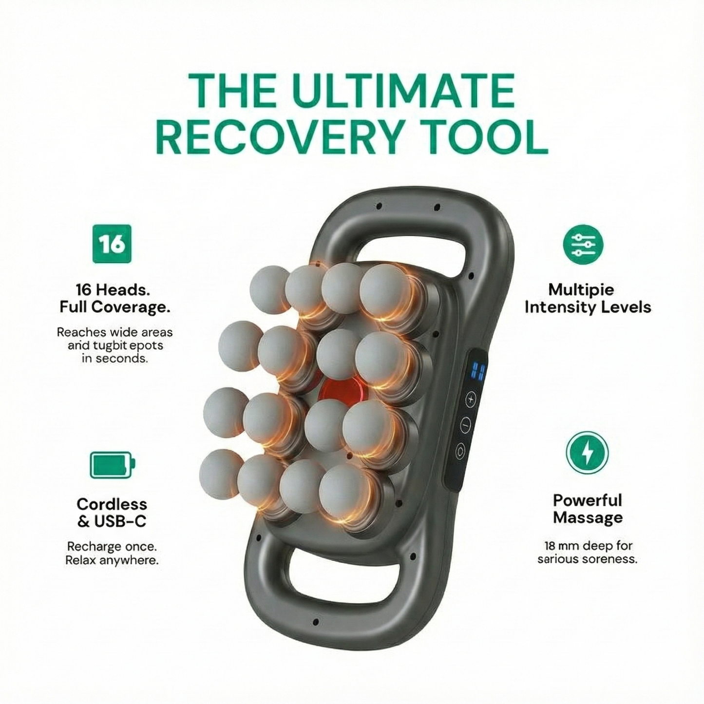 Core Collective - 16 Head Deep Tissue Massage Gun with Red Light Therapy