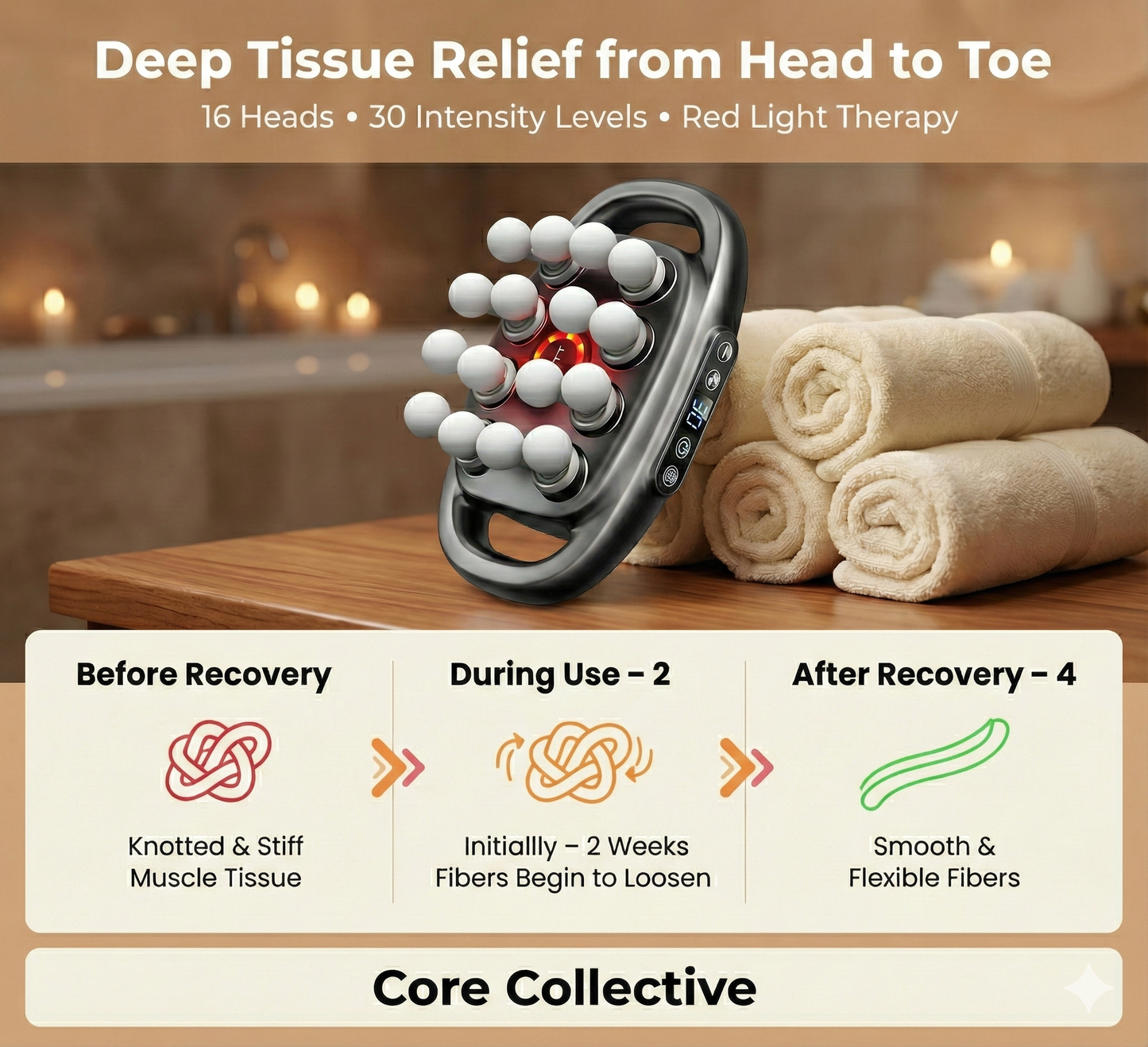 Core Collective - 16 Head Deep Tissue Massage Gun with Red Light Therapy